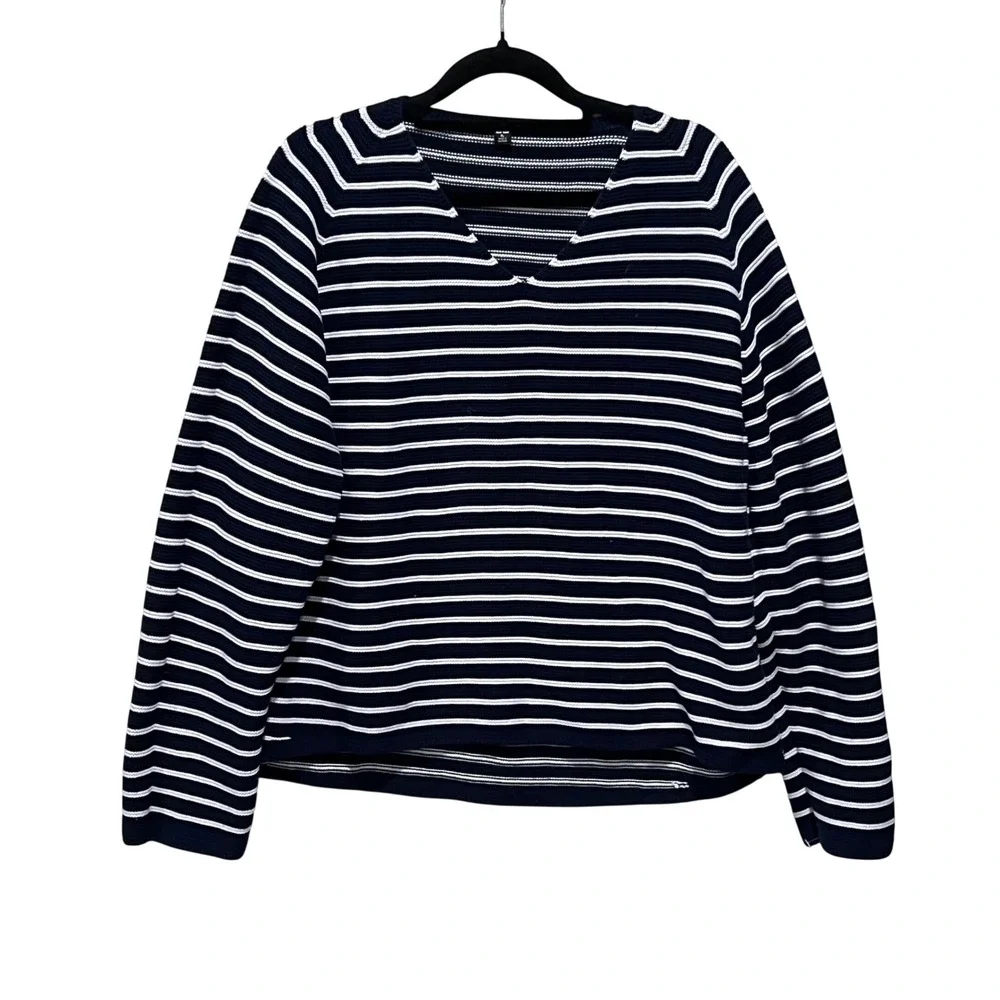 Uniqlo Striped V-Neck‎ Cotton 3D Knit  Sweater Navy Blue White Striped XL Preppy